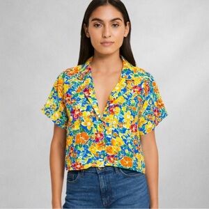 Lulus Floral Womens Blouse Size M Satin Cropped Multicolor Casual 1276